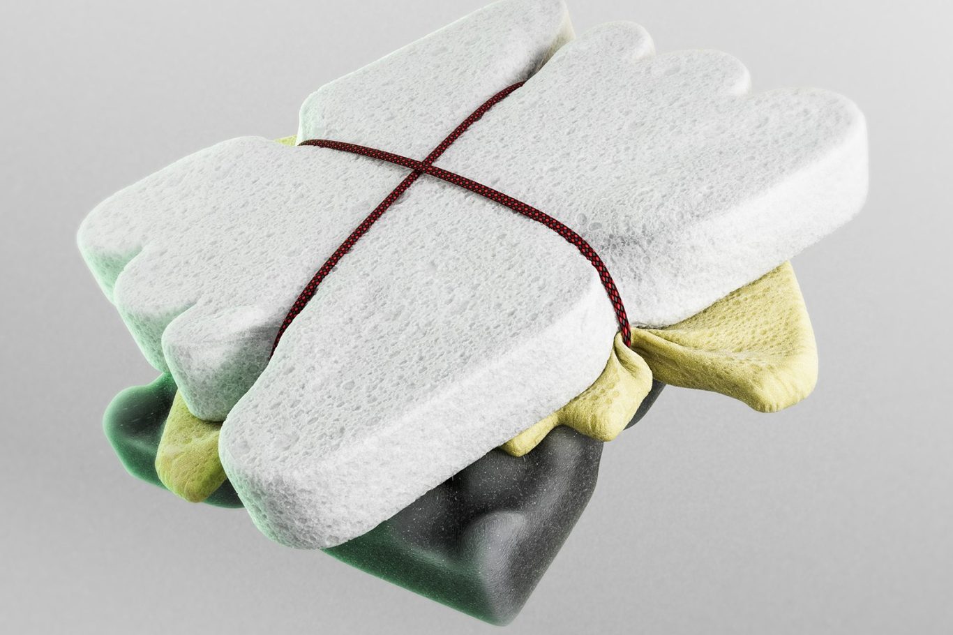 A cover visual representing our 3D animation films, featuring three high-tech sponge products suspended in the air, connected by a rope